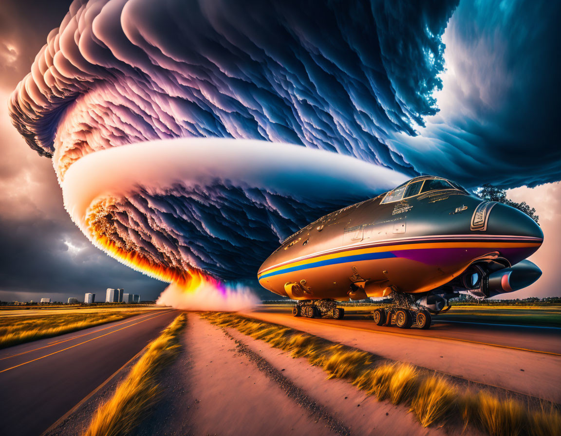 Surreal spaceship-like vehicle on runway with swirling cloud formation