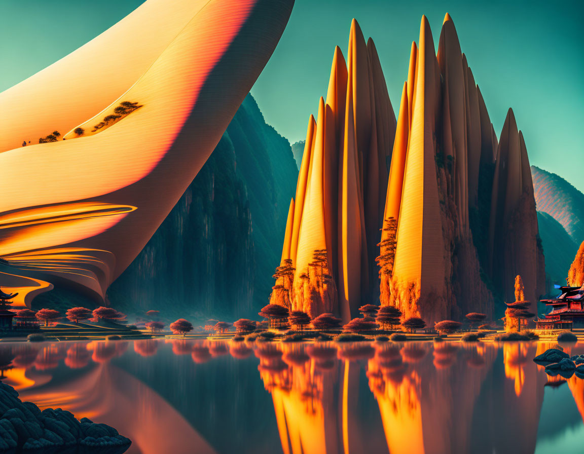 Surreal landscape featuring towering orange spires and traditional structures