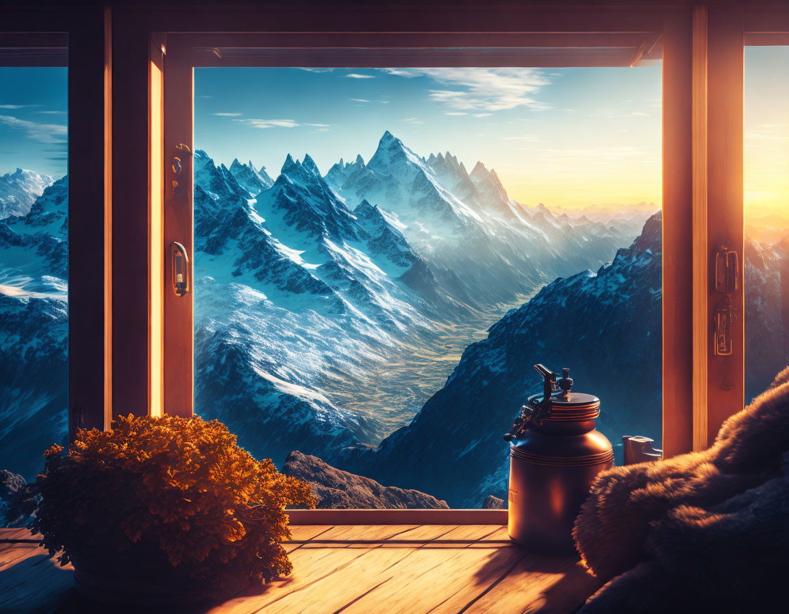 Snow-capped mountains view from cozy cabin window at sunrise