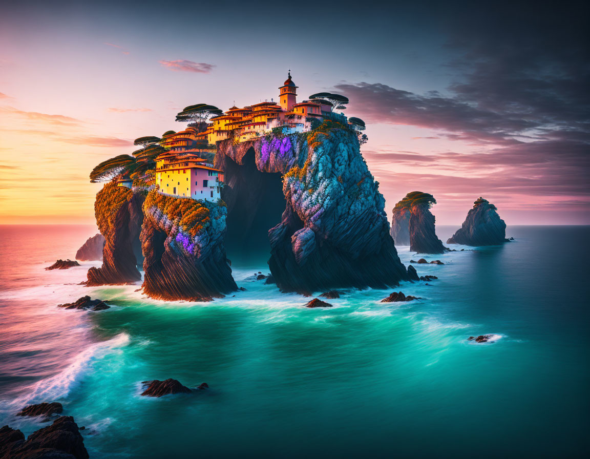 Colorful Cliff-Top Settlement on Turquoise Waters at Sunset