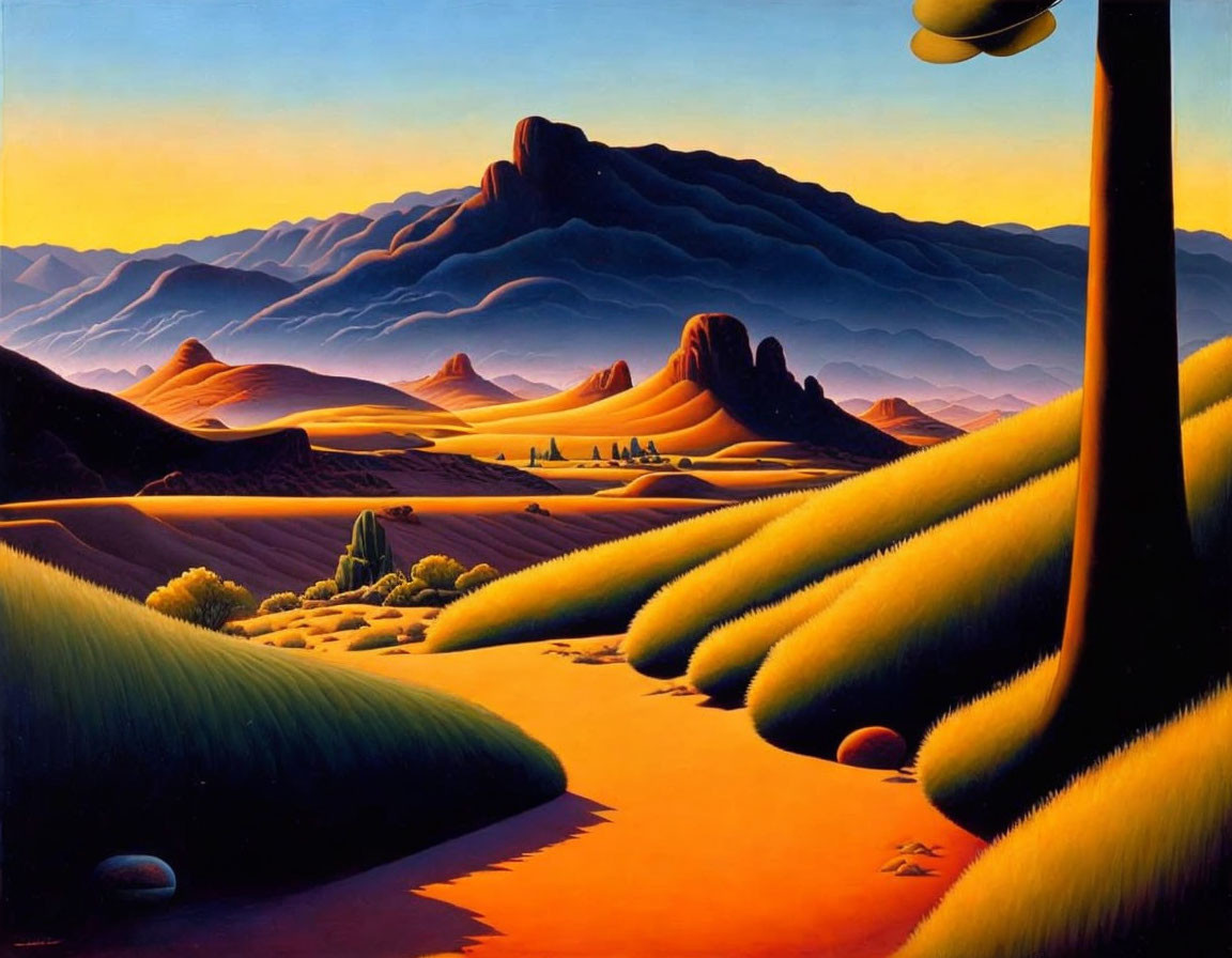 Vibrant surreal landscape with undulating hills and stylized clouds