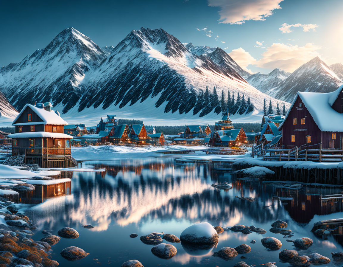 Snow-covered mountains, tranquil lake, illuminated houses, and decorated trees in serene winter landscape