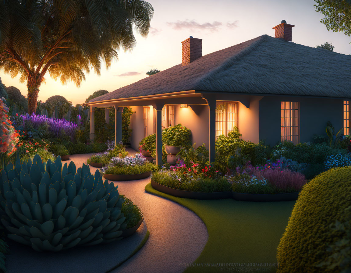 Twilight view of cozy house in lush garden