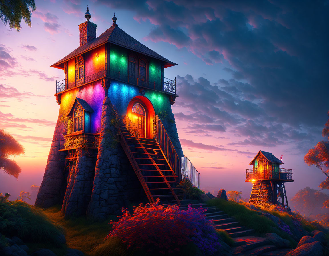 Stone tower and illuminated house at dusk with colorful lights in whimsical scene