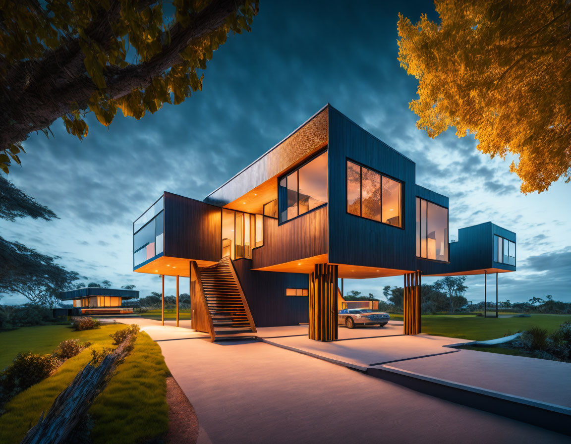 Geometric Modern House with Large Windows and External Staircases at Dusk