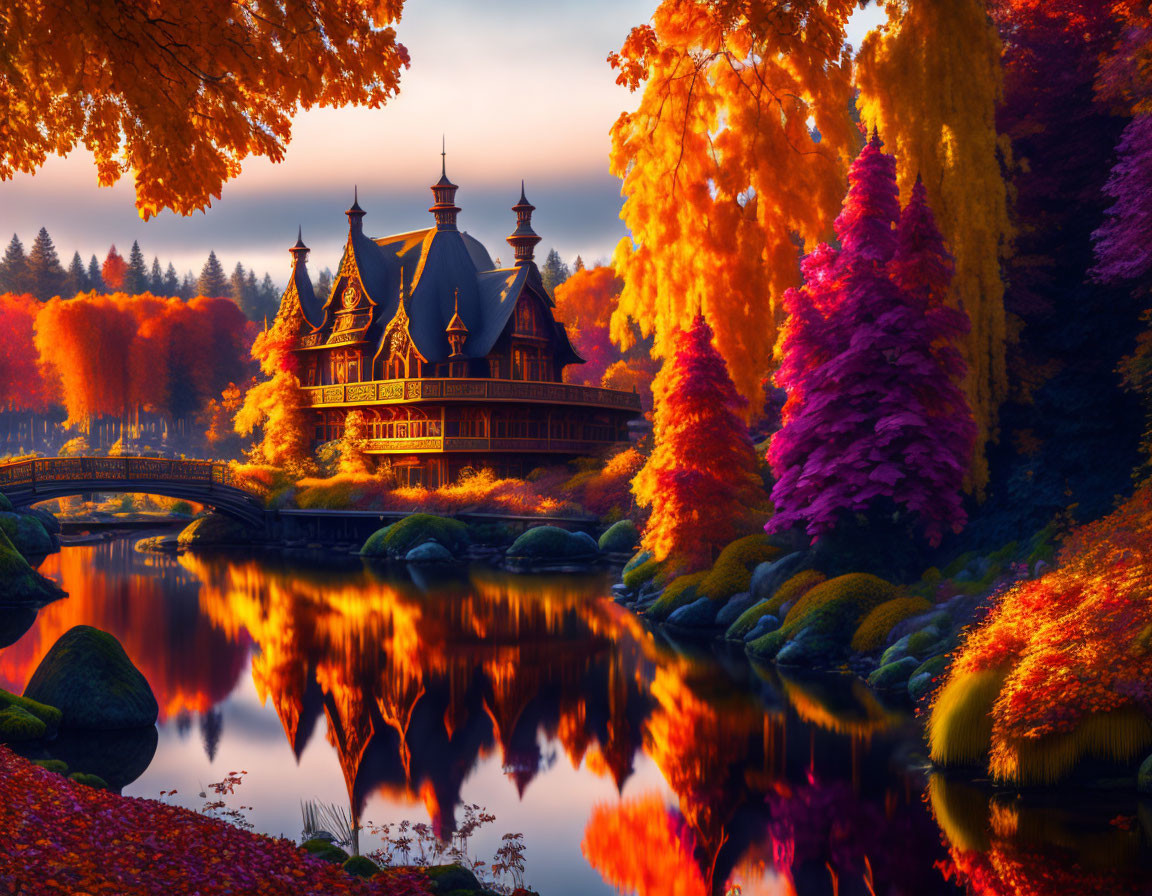 Colorful autumn landscape with wooden house, lake, trees, and bridge