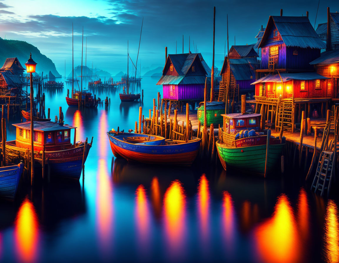 Tranquil fishing village at twilight with colorful houses and boats by calm water