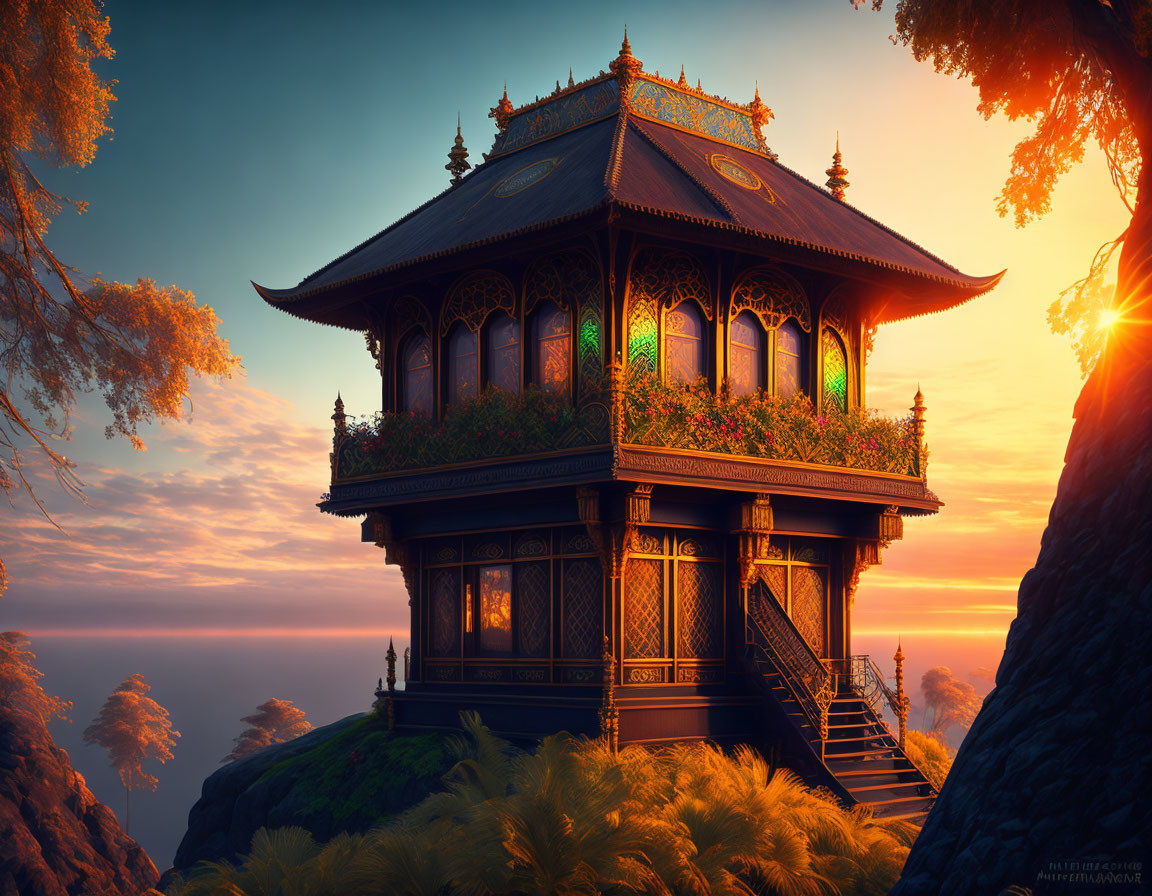 Ornate Pavilion on Cliff Amid Autumn Trees at Sunset