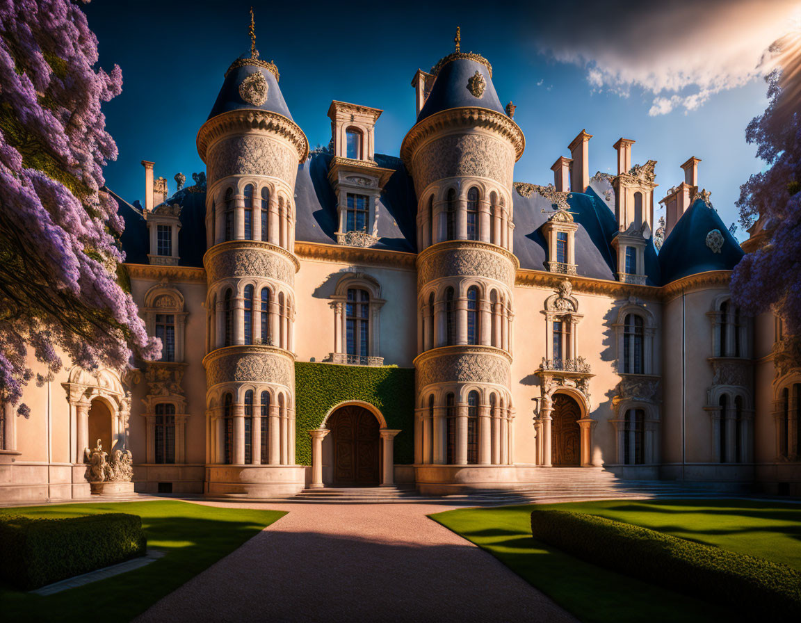 Château with Twin Towers, Ornate Stonework, Purple Trees, and Dramatic Sky