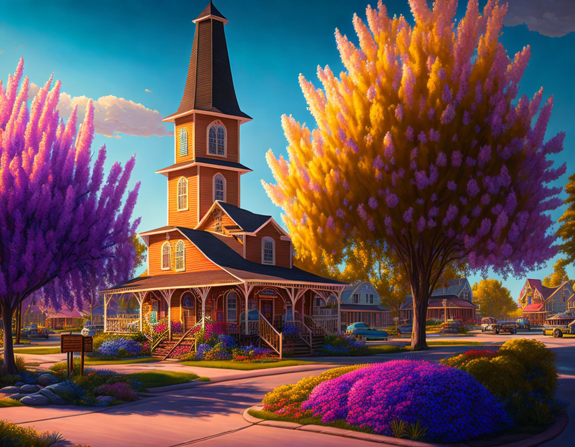 Colorful town scene with church and flowering trees at sunset