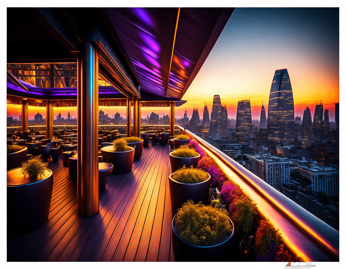 City skyline sunset view from modern rooftop terrace with ambient lighting