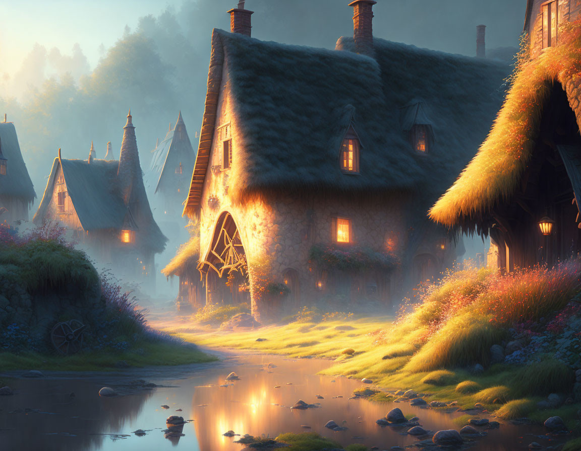 Tranquil fantasy village with thatched cottages and glowing windows