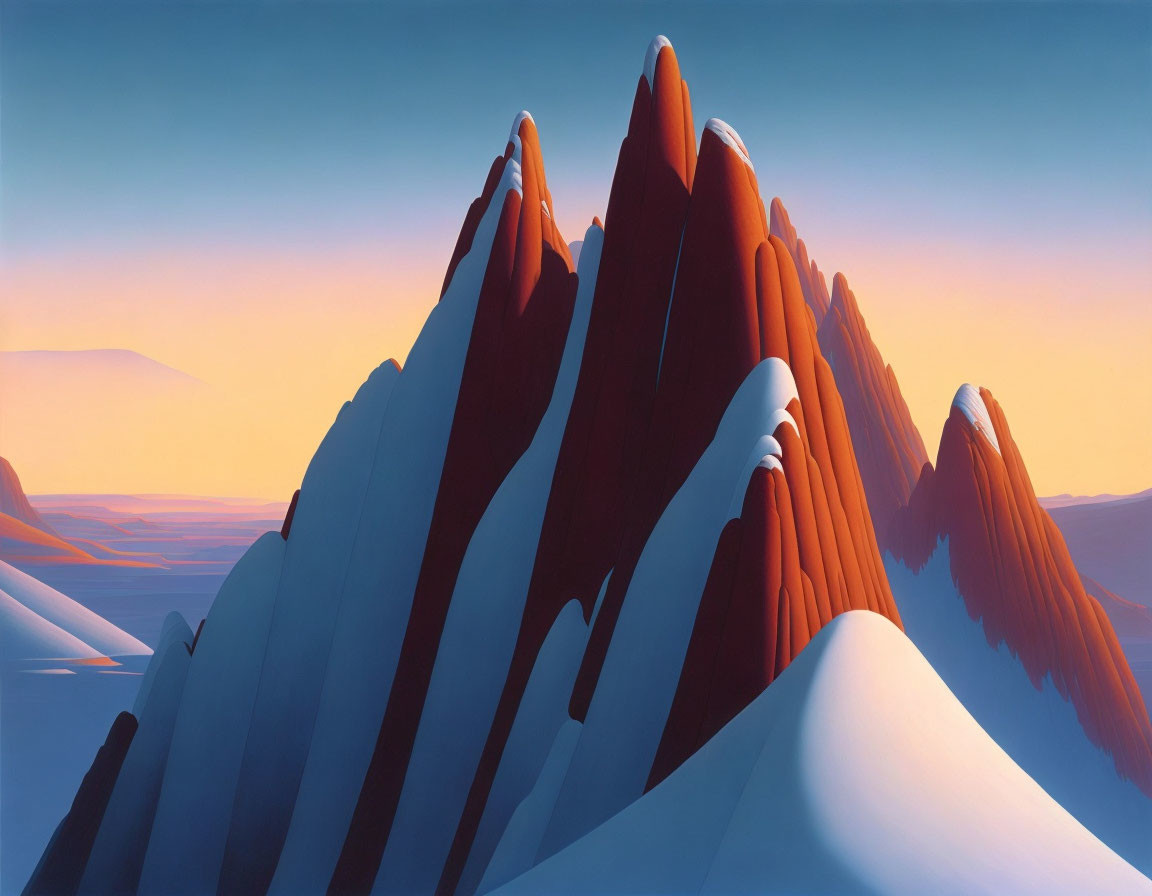 Mountain Peaks Artwork: Smooth Red Surfaces & Snow Caps on Blue Sky