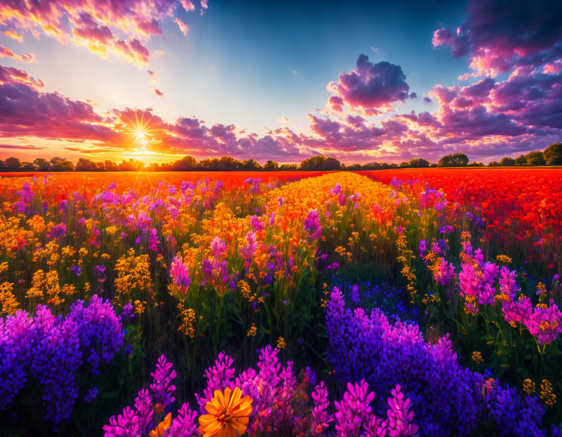 Colorful Wildflowers Field Under Vibrant Sunset Sky