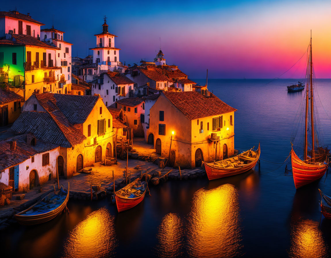 Scenic seaside village at sunset with colorful boats and old buildings