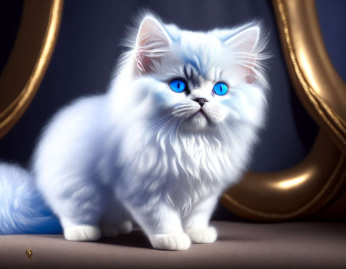 White Cat with Blue Eyes Against Dark Background and Golden Accents