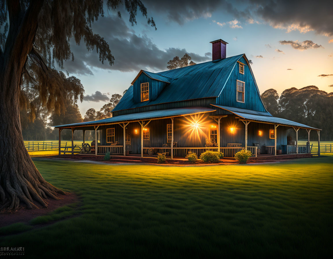 Blue-roofed house with porch in warm sunrise light, surrounded by lush greenery.