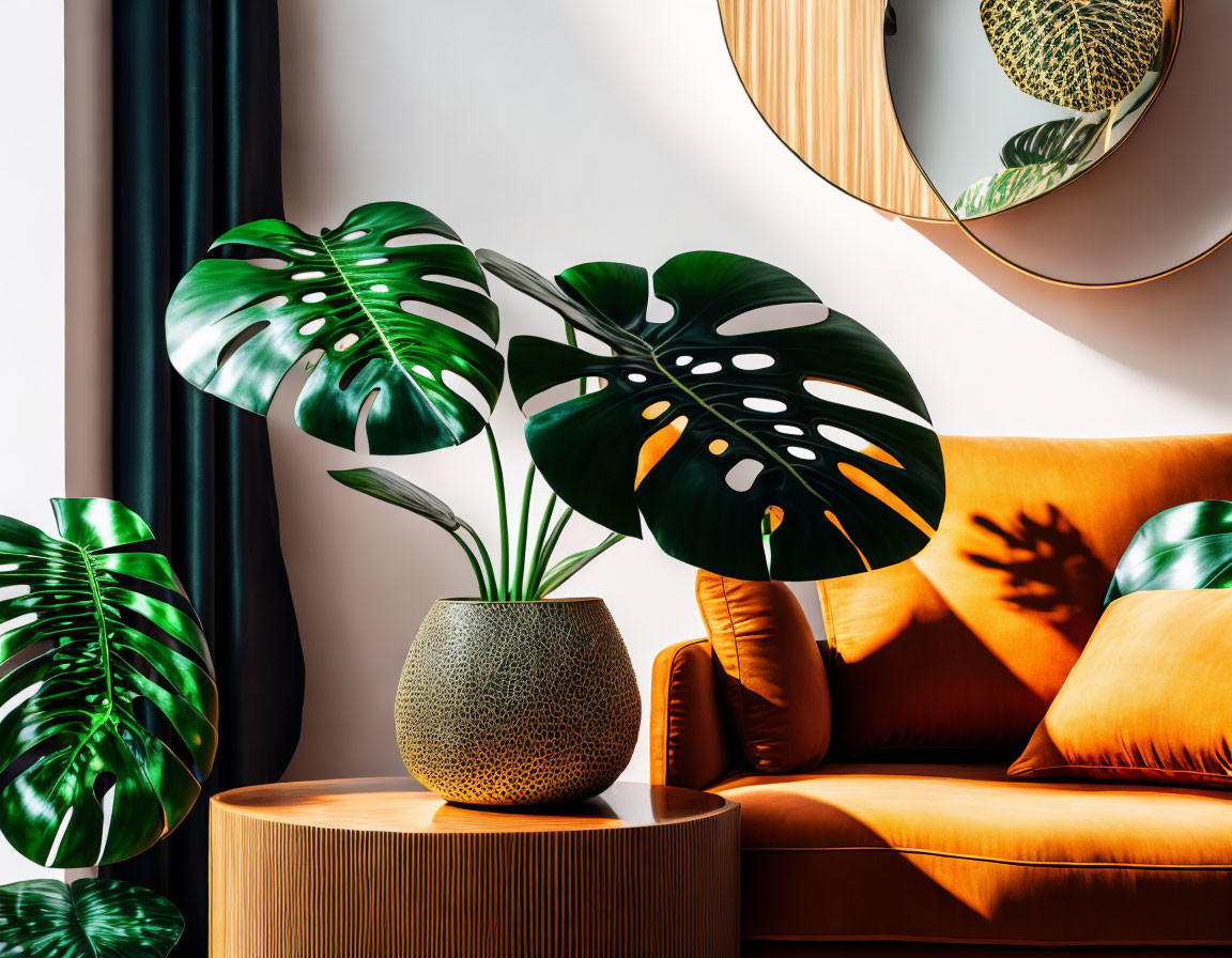 Vibrant orange sofa, round mirror, monstera leaves pot in modern interior