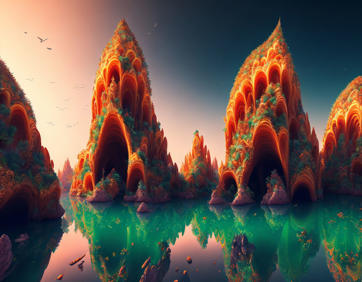 Surreal landscape with towering orange coral-like structures by tranquil turquoise lake under warm glowing sky dotted with