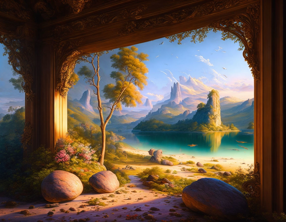 Scenic landscape painting of serene lake and mountains