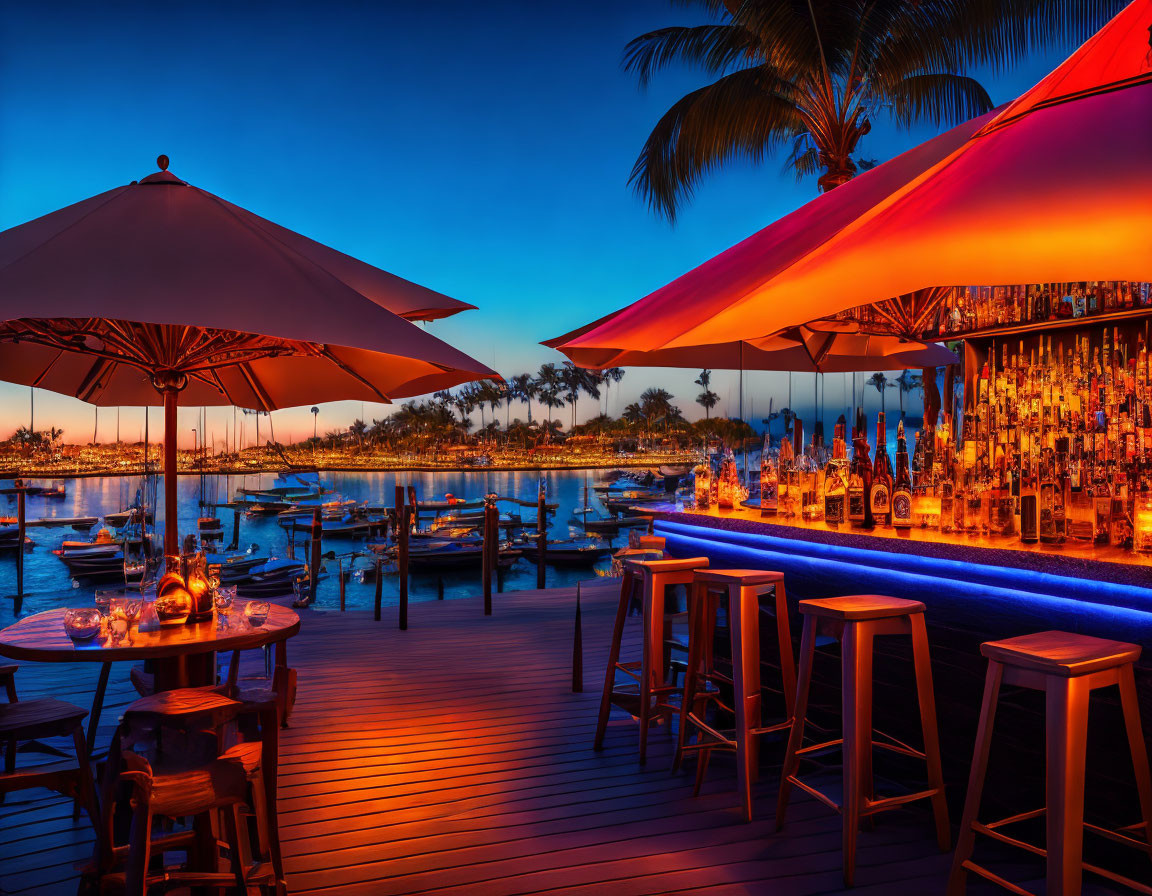 Illuminated beachside bar at dusk overlooking marina