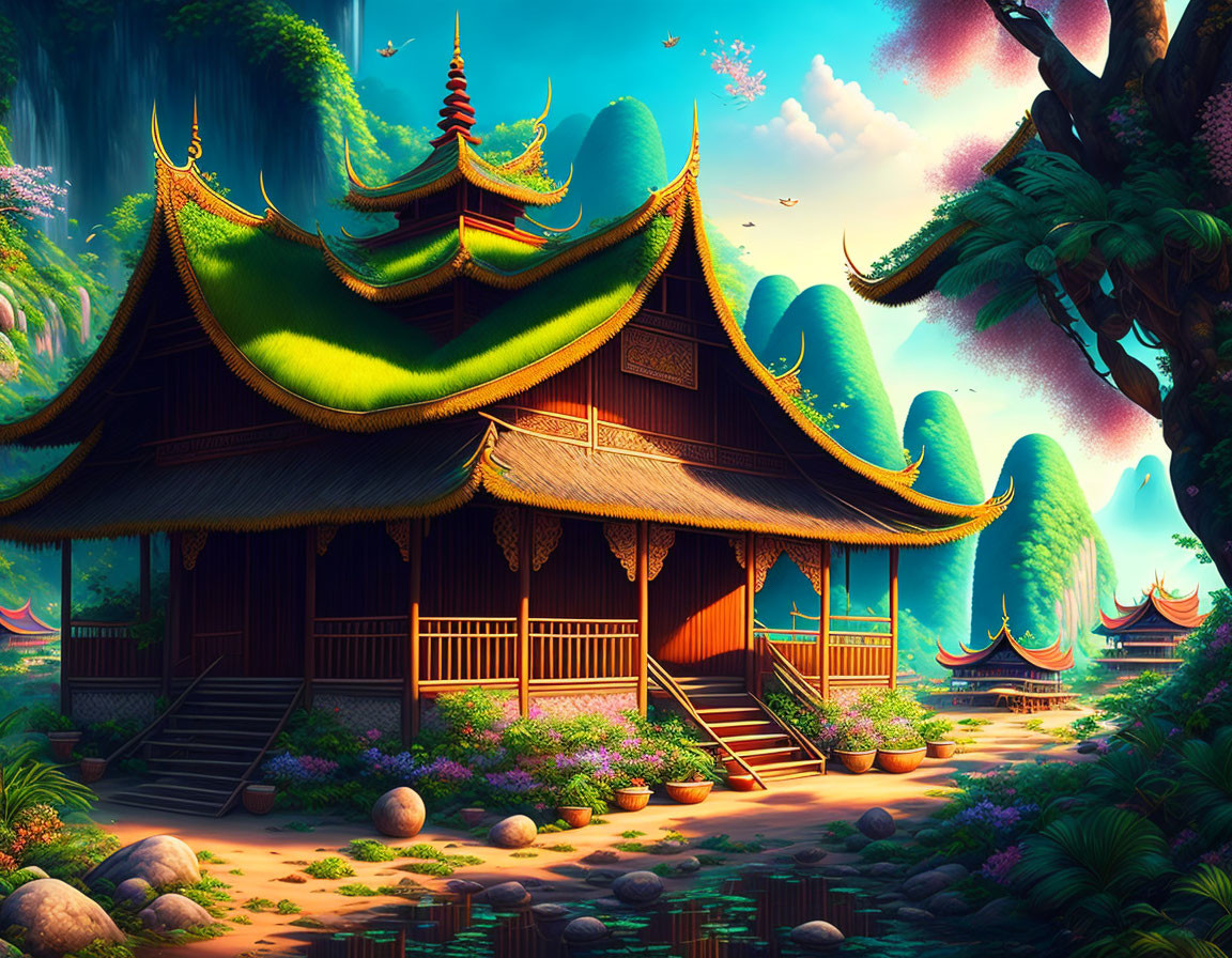 Fantastical Asian-style temple in lush digital landscape