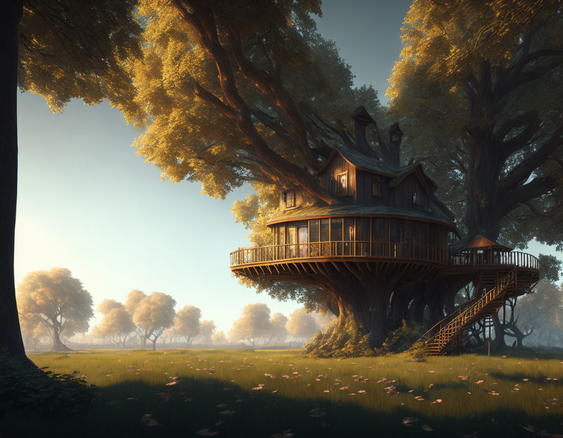 Tranquil forest scene with whimsical treehouse among golden-leaved trees