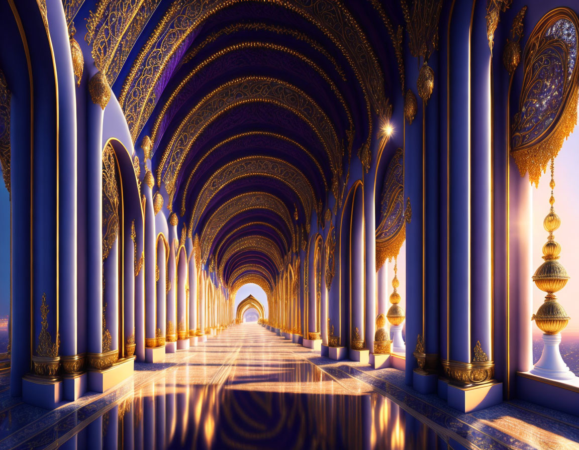 Luxurious corridor with blue columns, golden arches, and ornate floor designs.