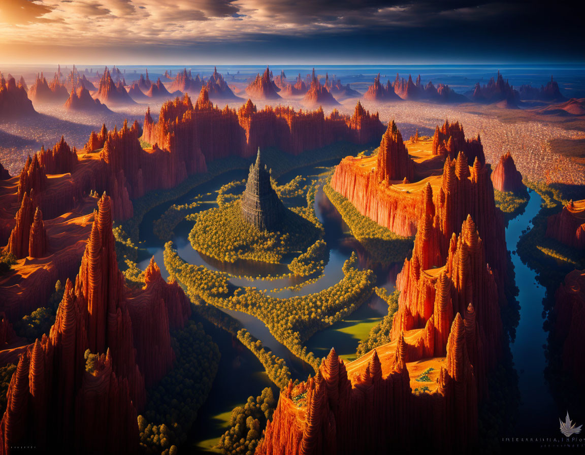 Majestic fantasy landscape with red rock formations and lush green valley