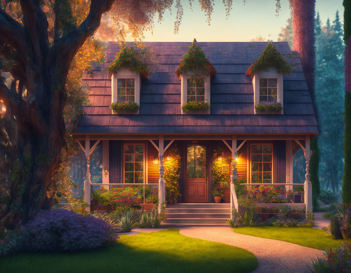 Cozy cottage nestled among lush trees at twilight