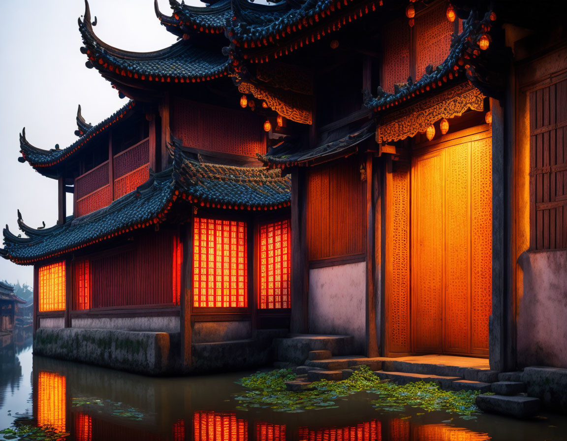 Traditional Chinese Architecture with Red Lanterns and Wooden Carvings Along Water Canal