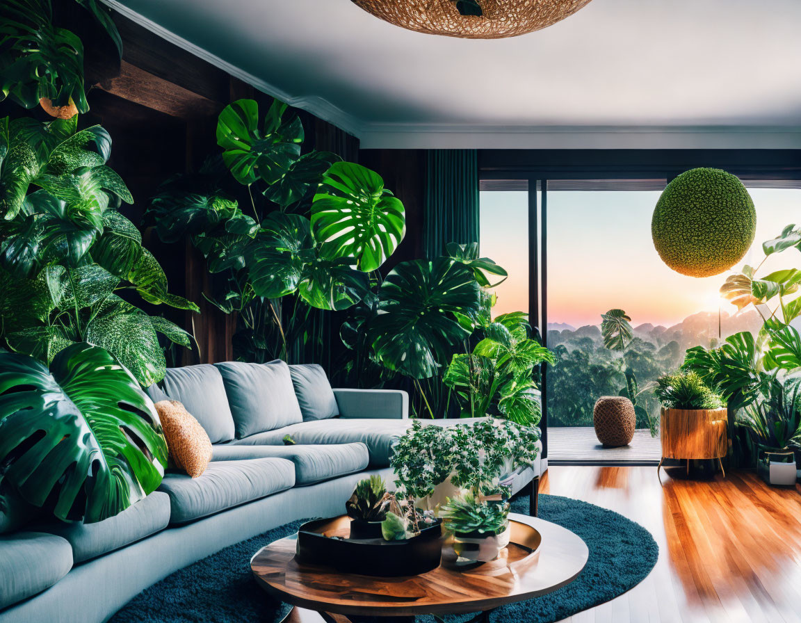 Spacious living room with sunset view, green plants, white sofa