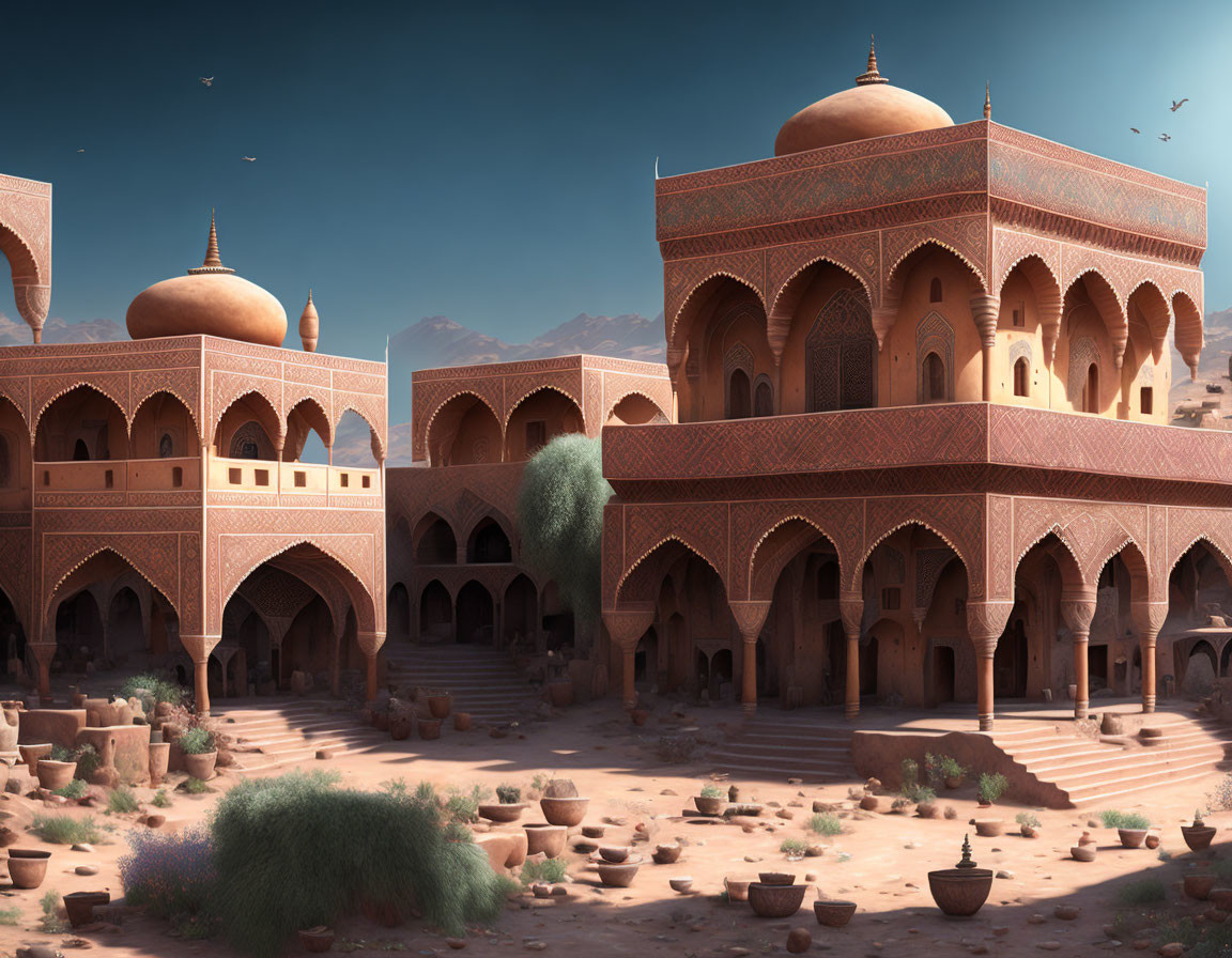 Ornate desert palace with arches, domes, and courtyard vegetation