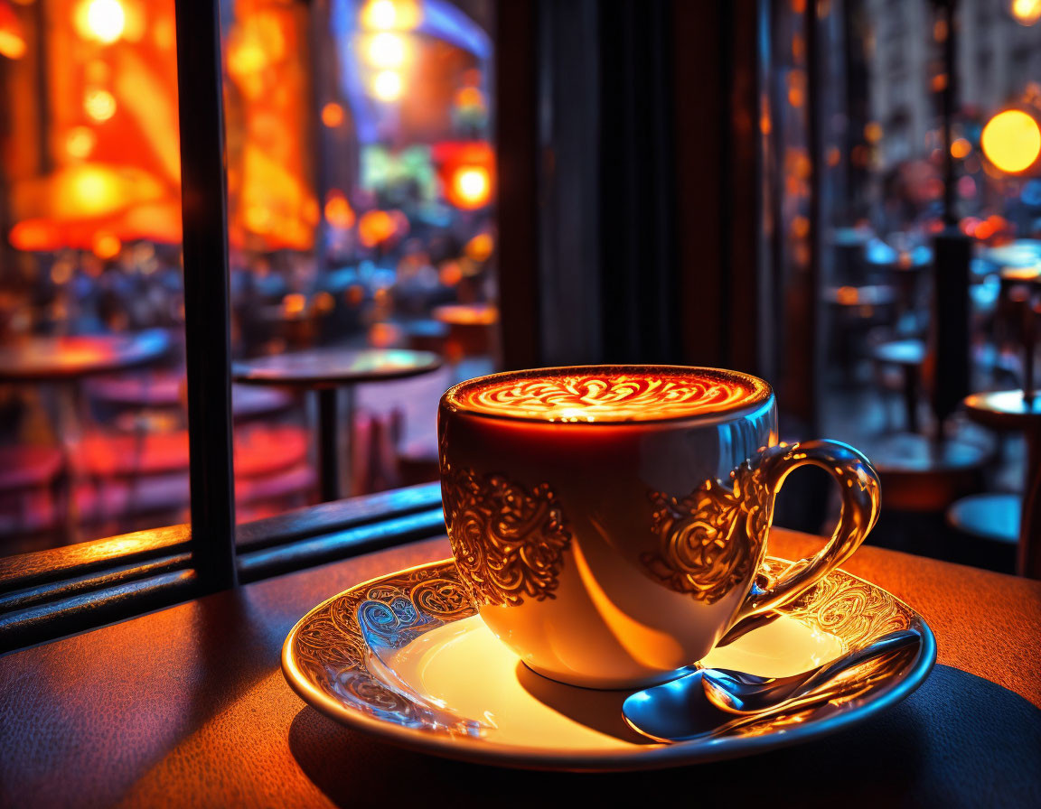 Ornate coffee cup on saucer with spoon in cozy cafe ambiance