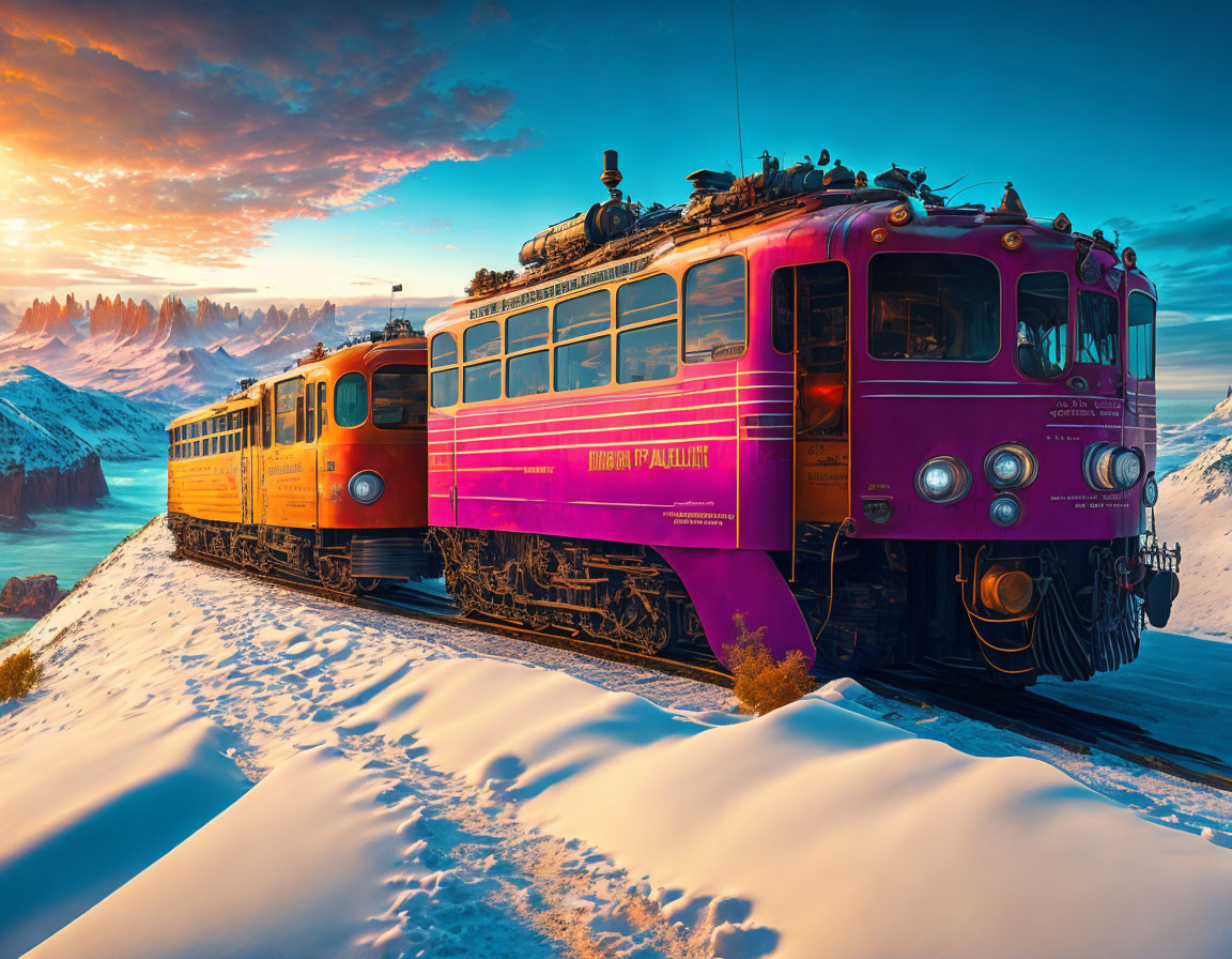 Vintage Trains on Snowy Tracks in Surreal Landscape