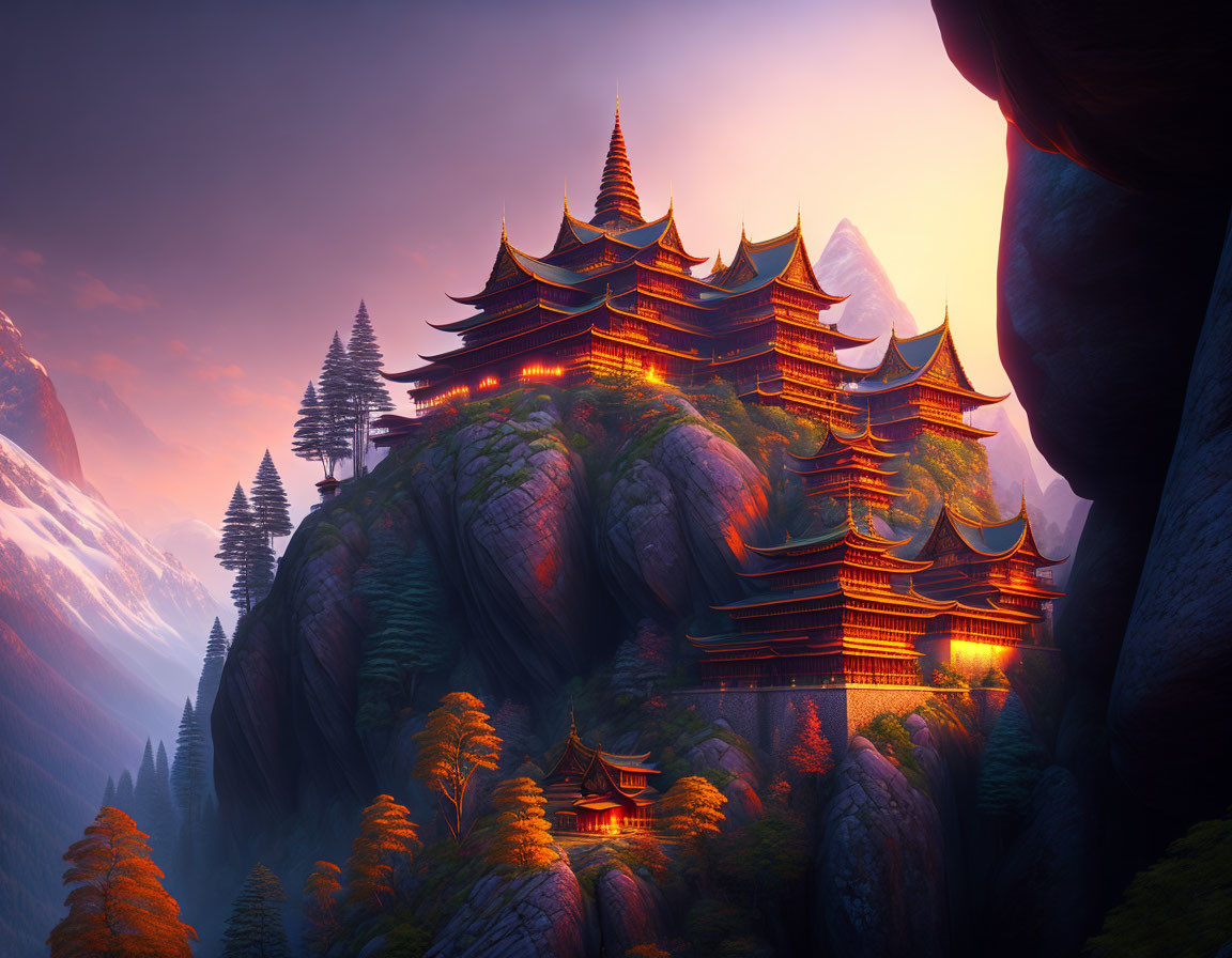 Asian-style palace on misty cliffs at sunset with mountain backdrop