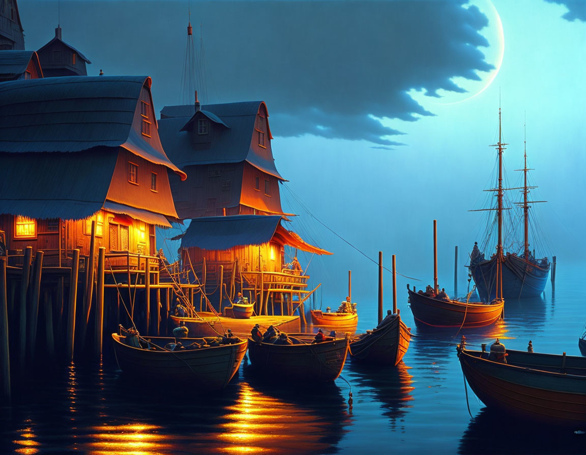 Harbor scene at night with wooden boats and houses on stilts under full moon