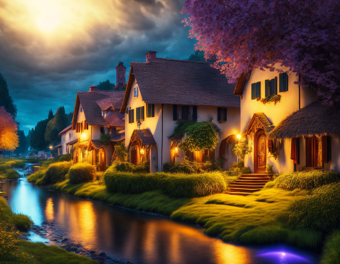 Tranquil Cottage by Stream: Twilight Scene with Glowing Lights