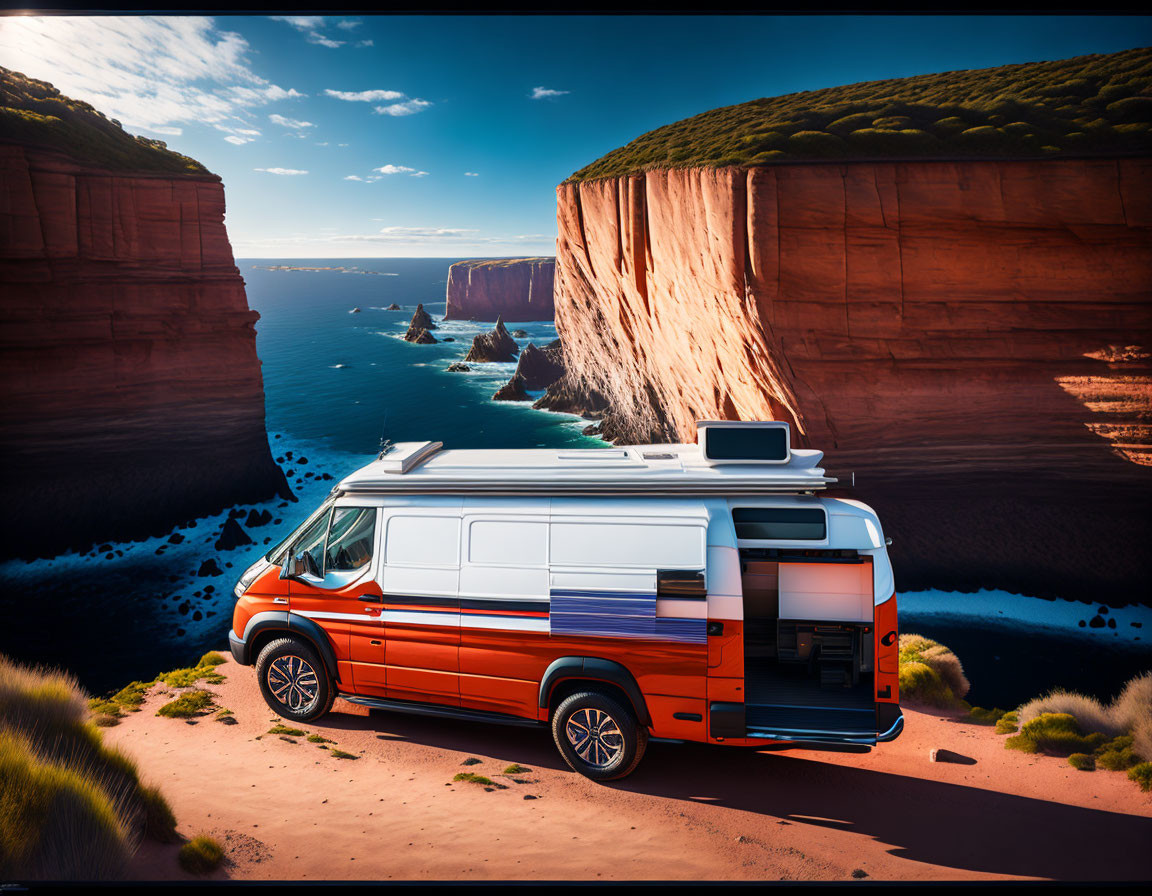 Orange Camper Van on Cliff Overlooking Serene Ocean