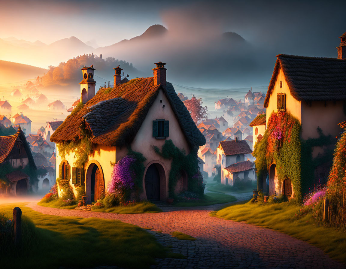 Serene sunrise village with cobblestone paths and quaint cottages