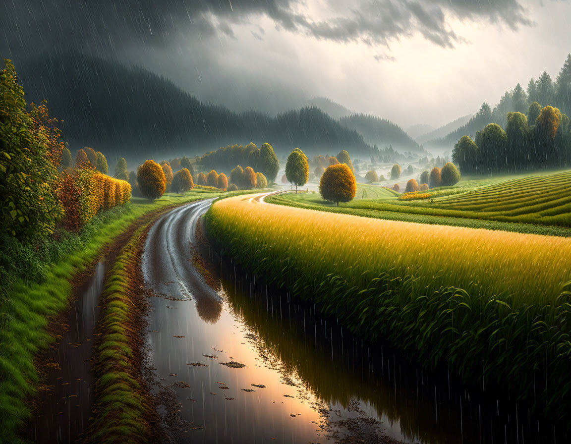 Stormy Sky Over Rural Landscape with Rolling Hills and Winding Road