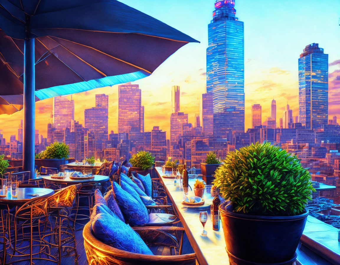 Outdoor Rooftop Dining Area with City Skyline Sunset