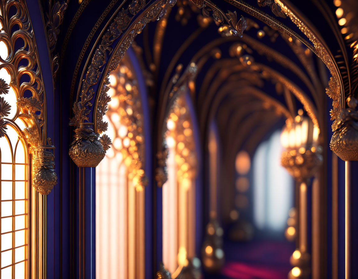 Intricate Golden Details in Arched Corridor with Blue Panels