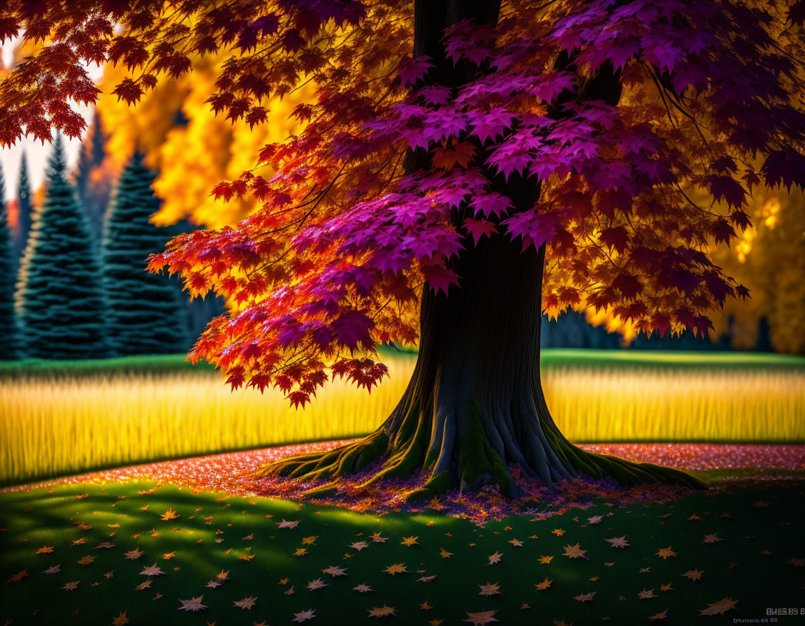 Colorful fall tree in vibrant autumn scene