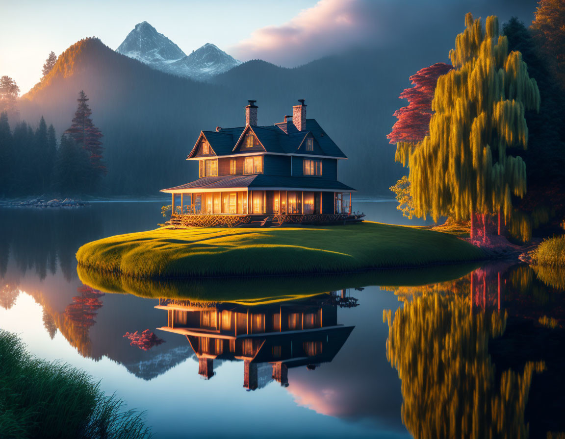 Tranquil lakeside house at sunset with reflection, trees, and mountains.