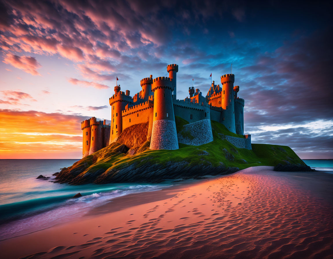 Castle on Hill Overlooking Beach at Vibrant Sunset