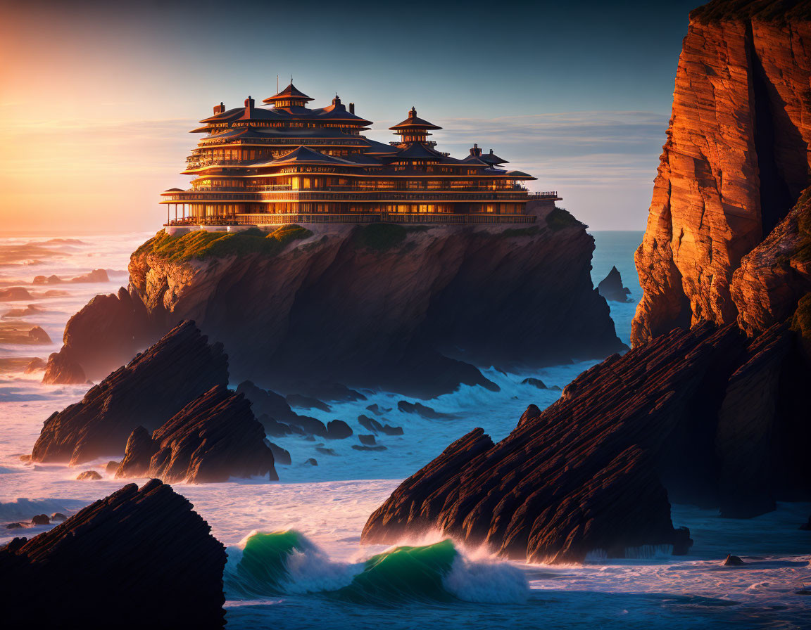 Ornate multi-tiered pagoda on rugged cliffs at sunset