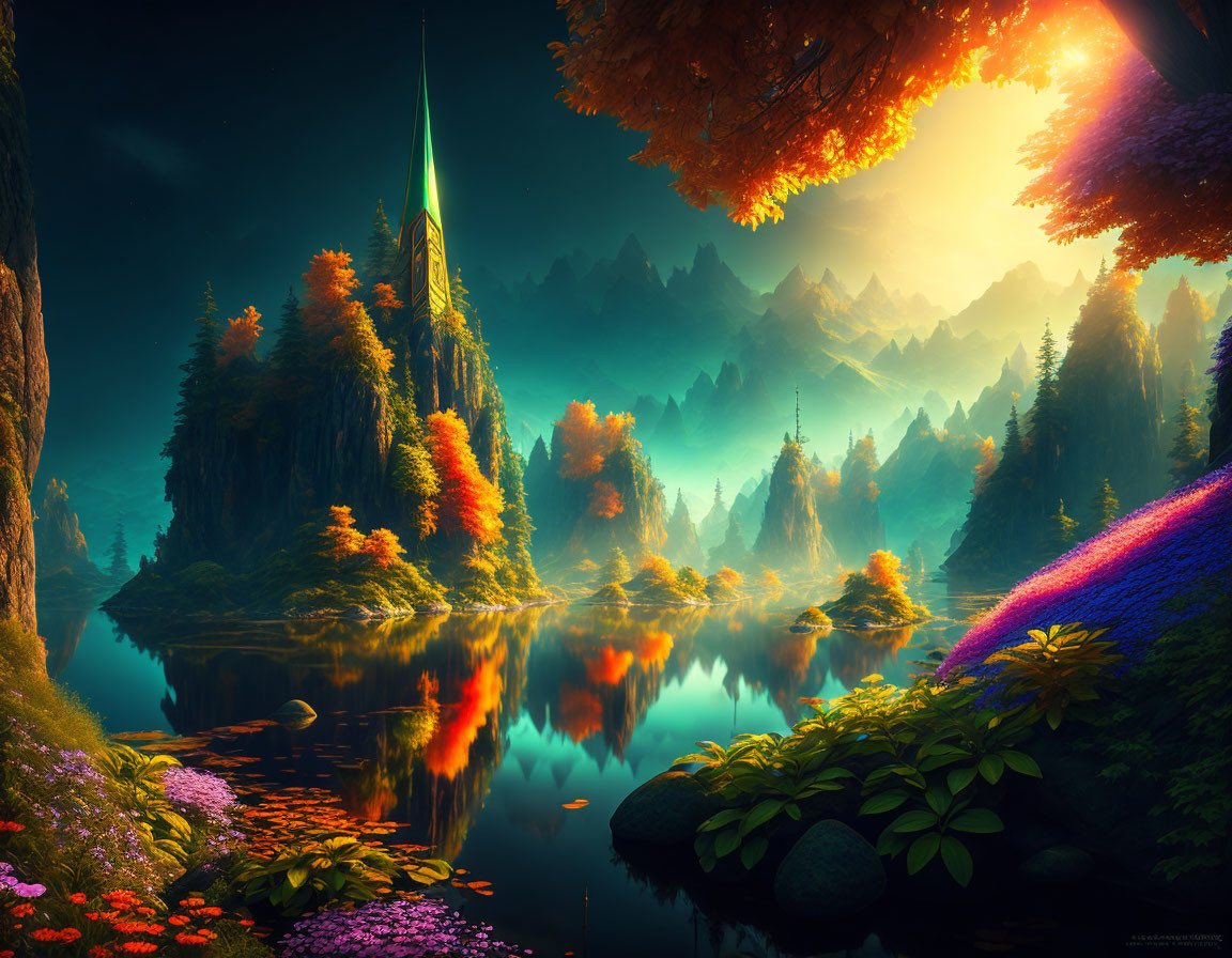 Colorful Foliage and Reflective Lake in Fantastical Landscape