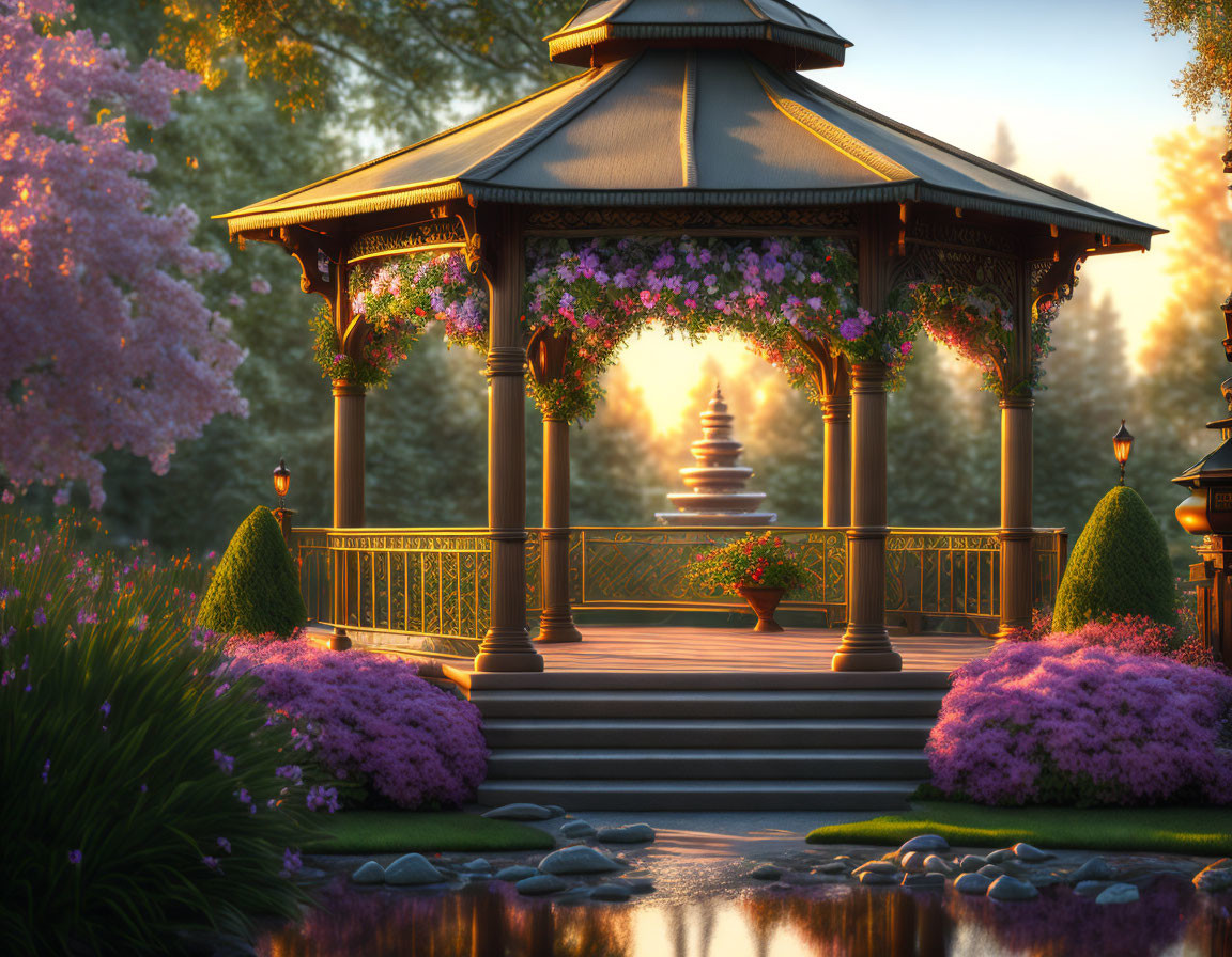 Tranquil garden gazebo at sunset with lush greenery