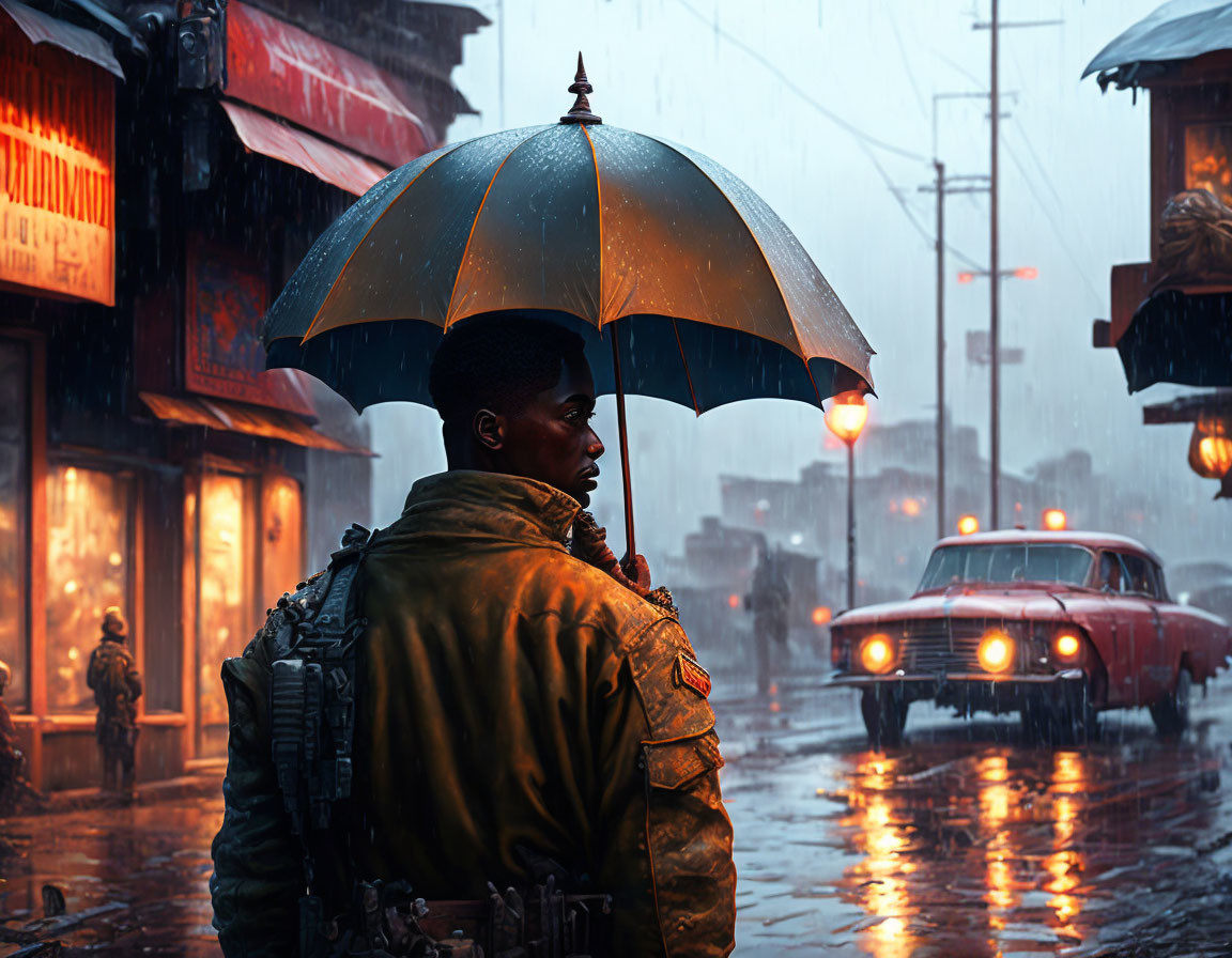 Person in Yellow Jacket with Umbrella on Rainy Street with Vintage Cars and Neon Signs